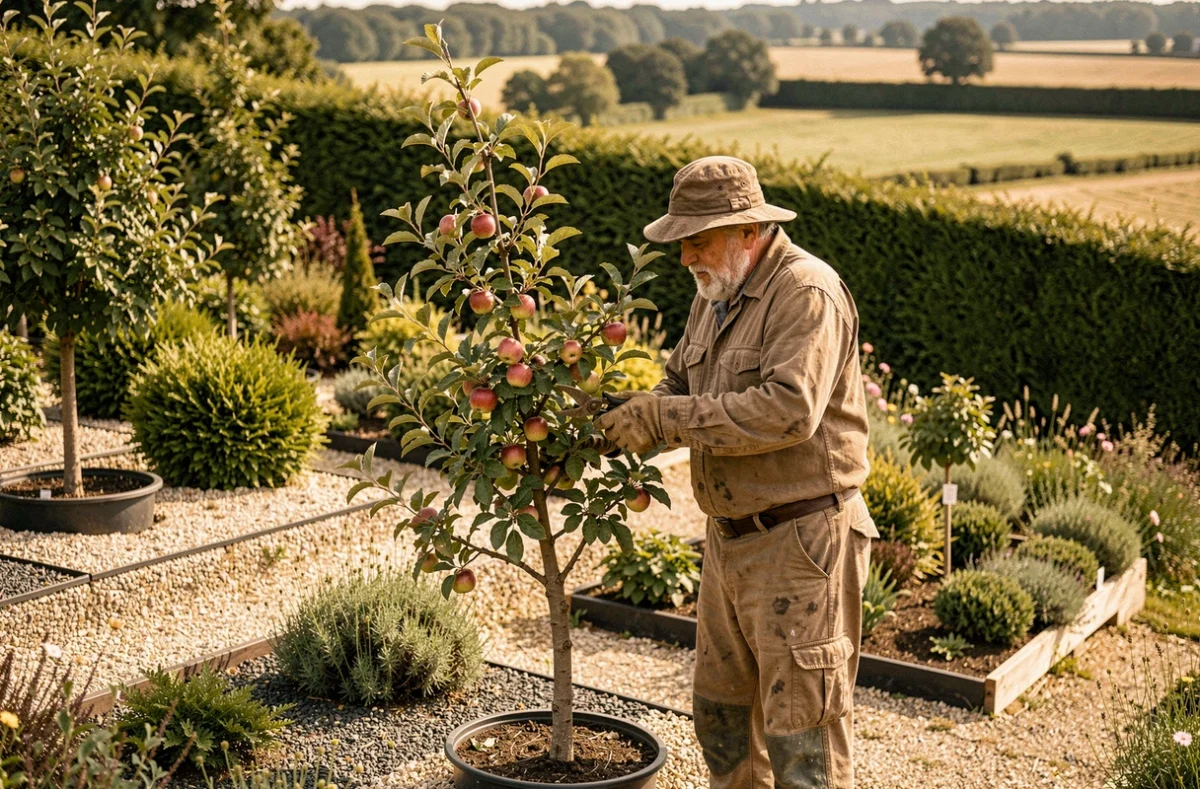 Les Pépinières de Sainte-Marguerite-de-Carrouges dans l'Orne, un horticulteur taillant un jeune pommier ornemental sur des terrasses de gravier au cœur du bocage normand