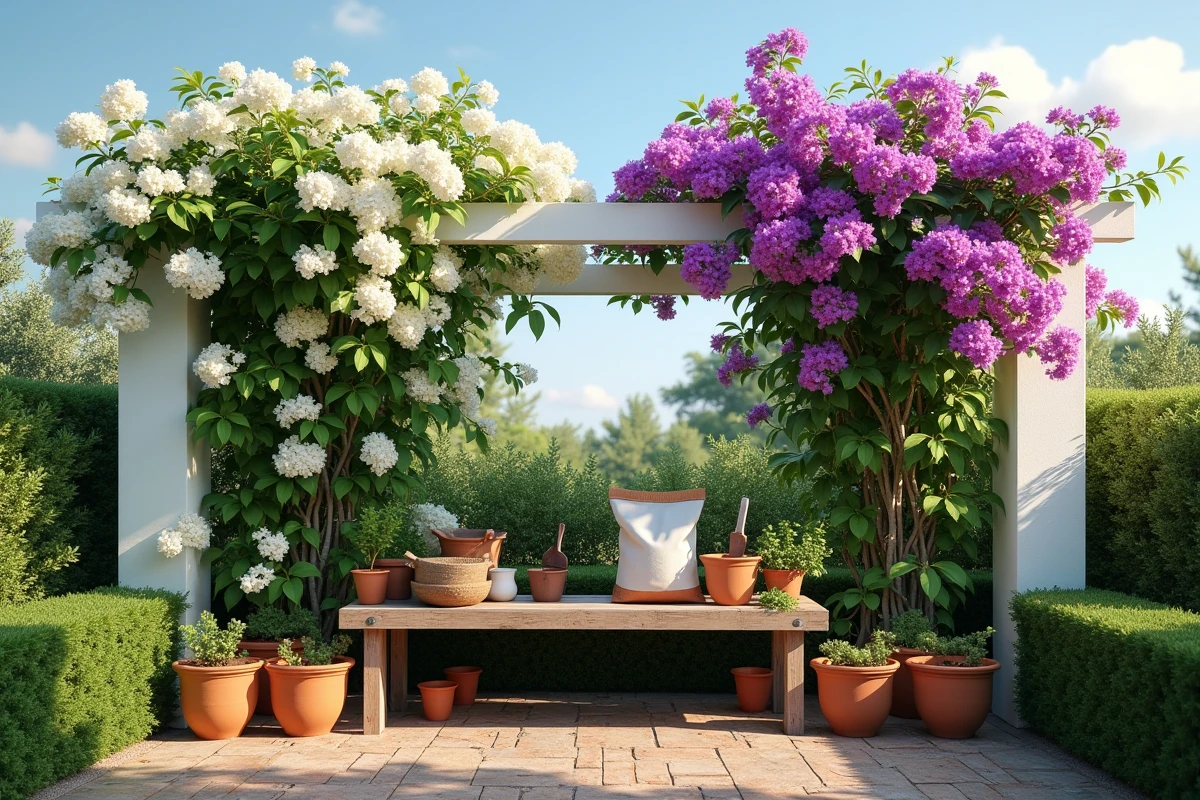 Pergola blanche couverte de bougainvilliers en fleurs avec outils de jardinage et terreau au premier plan