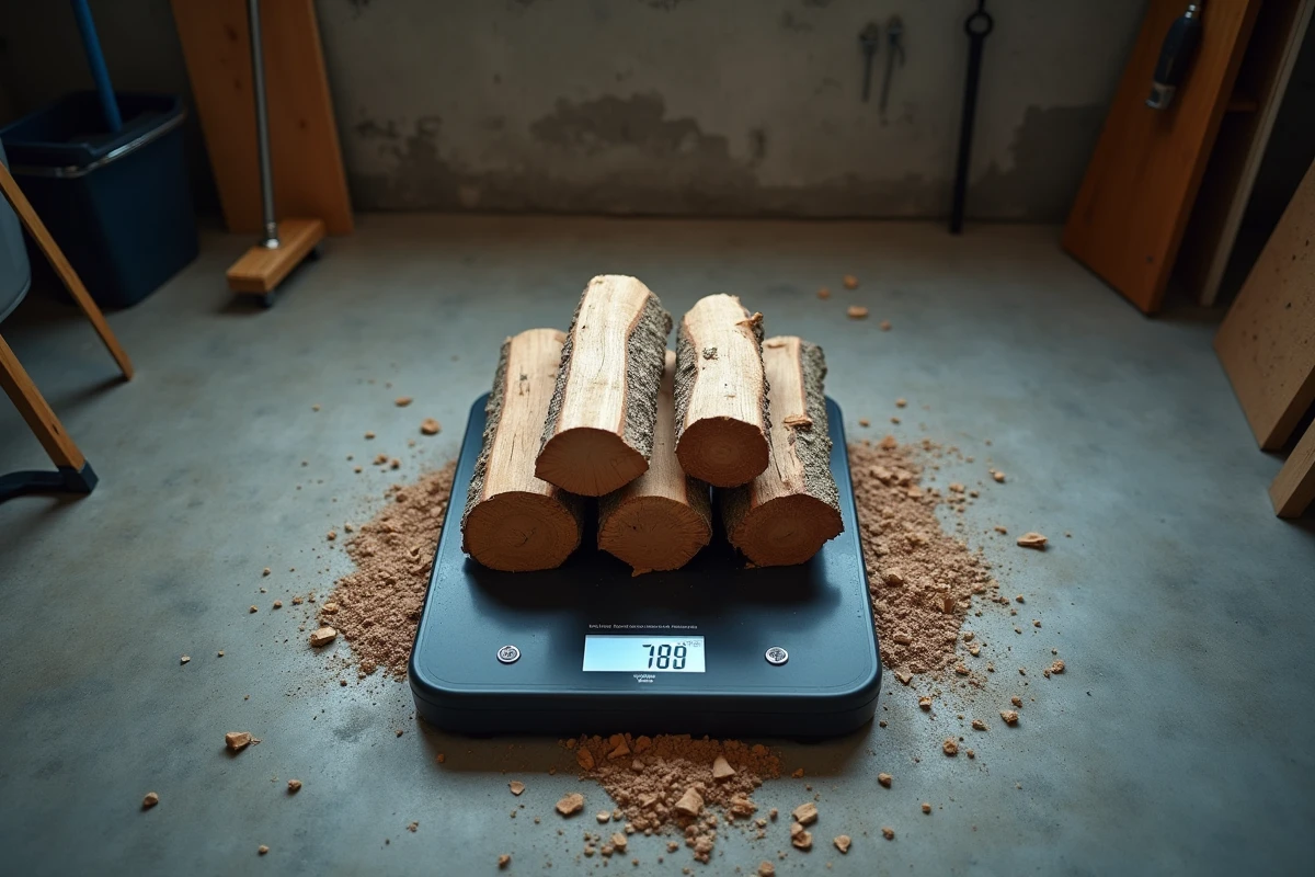 Pesée de bûches de hêtre sur une balance numérique dans un garage pour estimer le poids d'un stère de bois