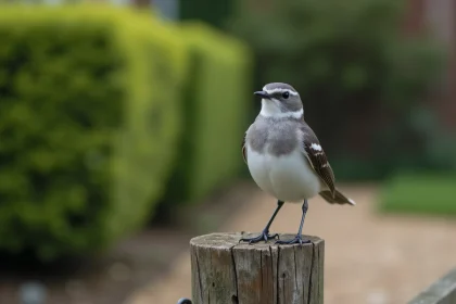 Petit oiseau gris et blanc perché sur un piquet de clôture en bois dans un jardin, portrait ornithologique naturaliste