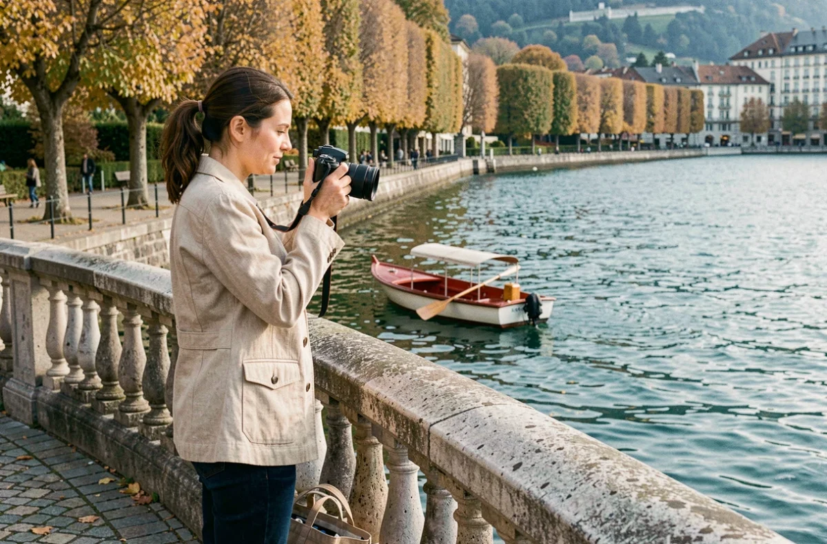 Femme photographiant le lac d'Annecy depuis la balustrade des Jardins de l'Europe en automne