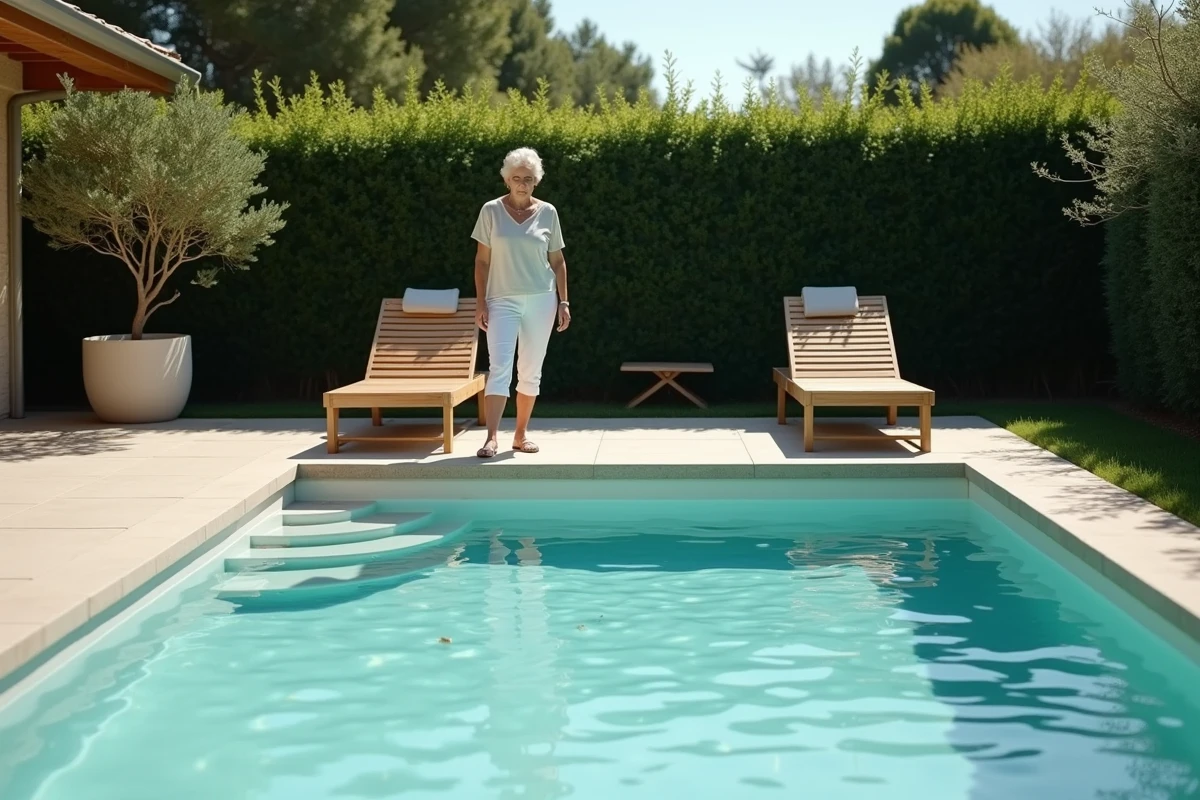 Piscine coque polyester installée clé en main avec terrasse en béton brossé et mobilier de jardin dans un jardin résidentiel français