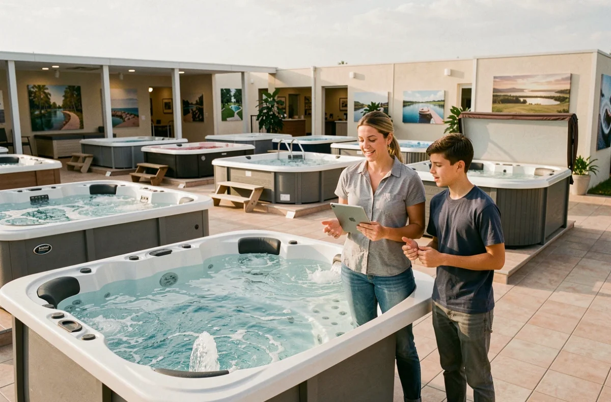 Conseillère Piscinéale présentant des modèles de piscines hors-sol et spa à une famille en showroom extérieur