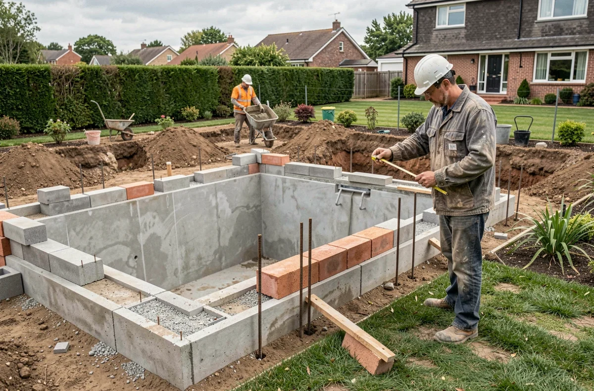 Chantier de construction de piscine maçonnée dans un jardin résidentiel avec ouvriers piscinistes