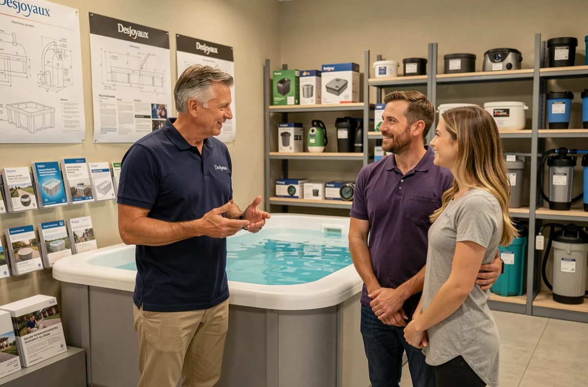 Showroom Piscines Desjoyaux AMZ Distribution avec conseiller commercial et clients devant un modèle de piscine