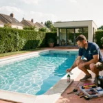 Pisciniste professionnel vérifiant la qualité de l'eau d'une piscine résidentielle en Seine-Saint-Denis