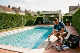 Pisciniste professionnel vérifiant la qualité de l'eau d'une piscine résidentielle en Seine-Saint-Denis