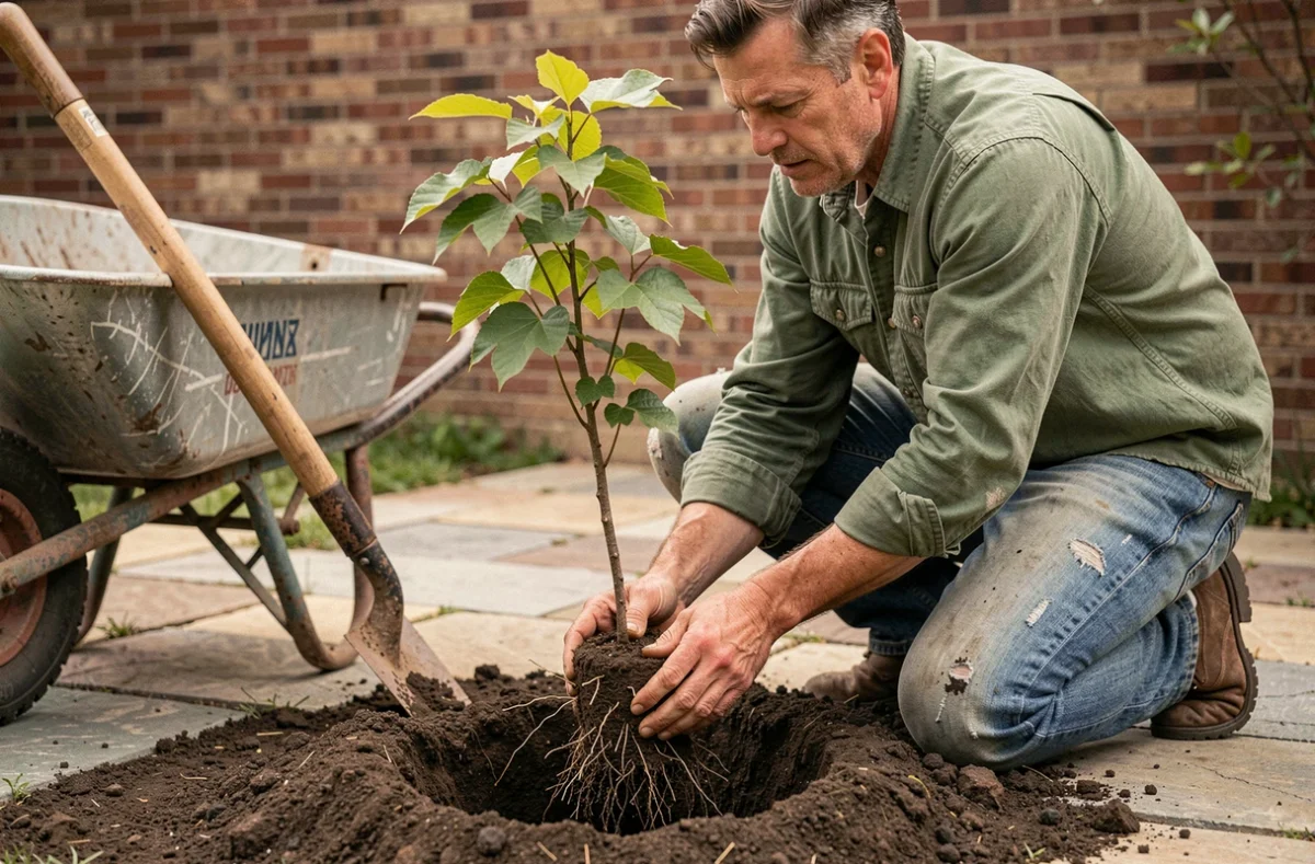 Jardinier plantant un jeune catalpa boule dans un jardin, mise en terre au printemps