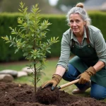 Femme plantant un jeune eucalyptus Cider Gum dans un jardin avec de la terre riche et des outils de jardinage