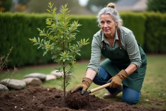 Femme plantant un jeune eucalyptus Cider Gum dans un jardin avec de la terre riche et des outils de jardinage