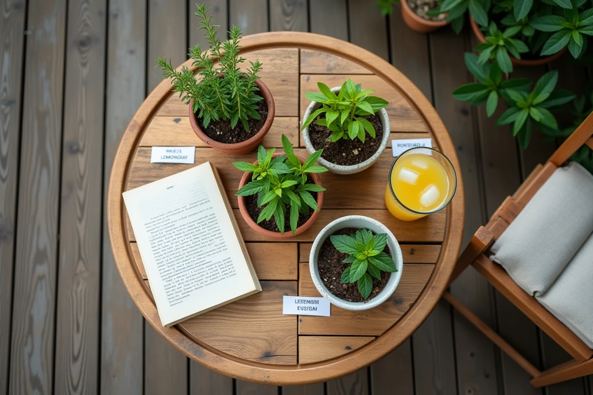 Vue du dessus d'une table de jardin avec plusieurs plantes aromatiques répulsives contre les mouches