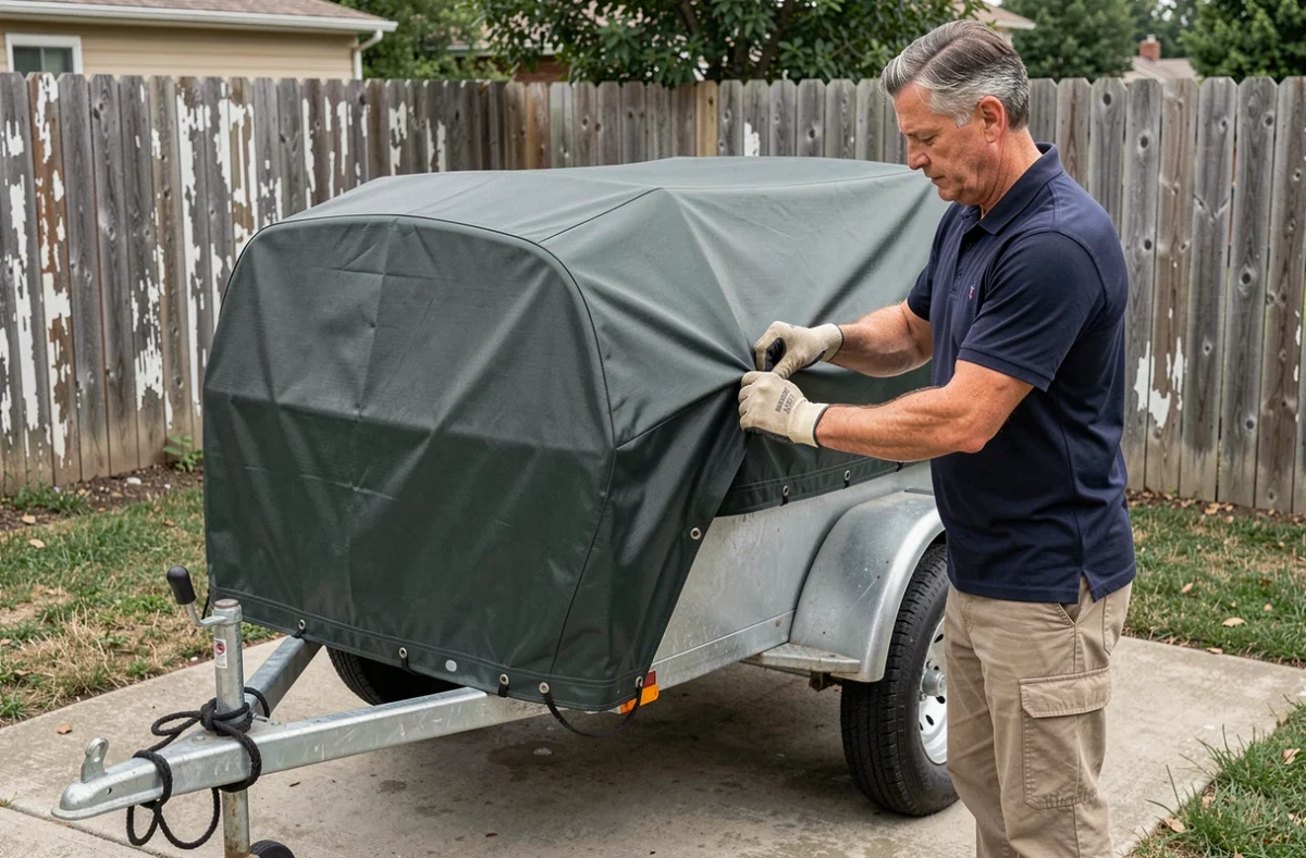 Homme installant une bâche de protection ajustée sur une remorque utilitaire dans un jardin pavillonnaire