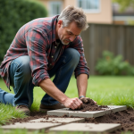 Homme d'âge moyen posant une dalle de béton dans un jardin