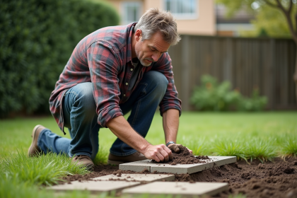 Homme d'âge moyen posant une dalle de béton dans un jardin