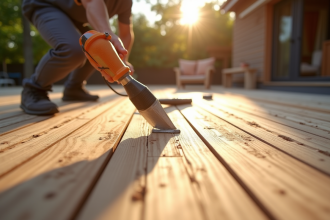 Pose de planches en bois pour une terrasse extérieure