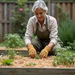 Femme jardinant un potager en carré avec paillage de paille autour des plants de tomates et courgettes