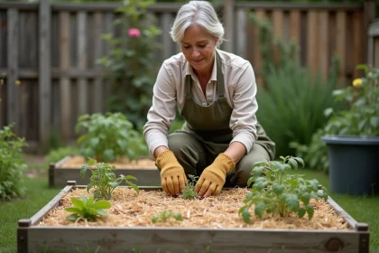 Femme jardinant un potager en carré avec paillage de paille autour des plants de tomates et courgettes