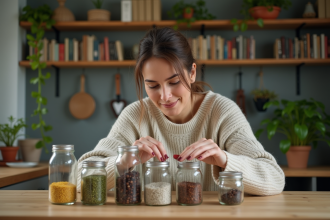 Femme étiquetant des bocaux de graines de jardin