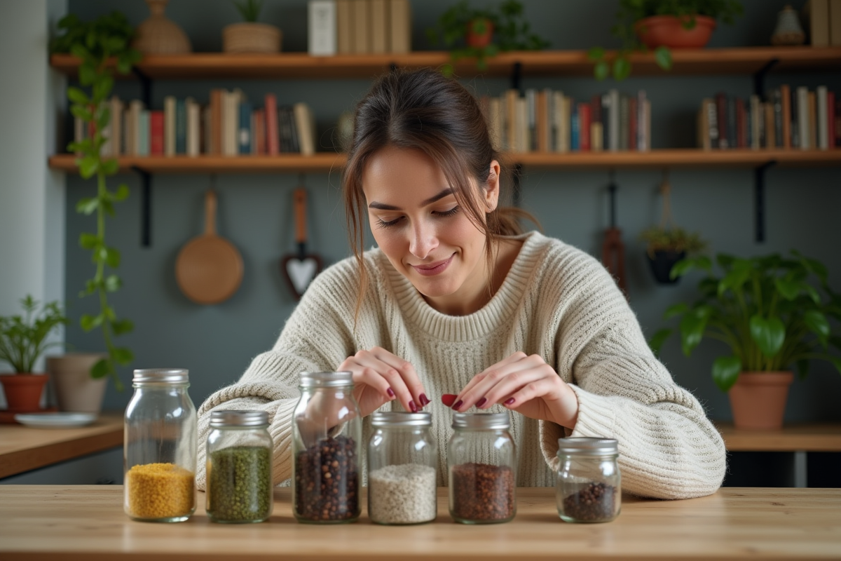 Femme étiquetant des bocaux de graines de jardin