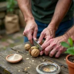 Mains de jardinier préparant une bouture de noyer sur un établi en bois avec poudre d'hormones de bouturage