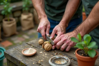 Mains de jardinier préparant une bouture de noyer sur un établi en bois avec poudre d'hormones de bouturage