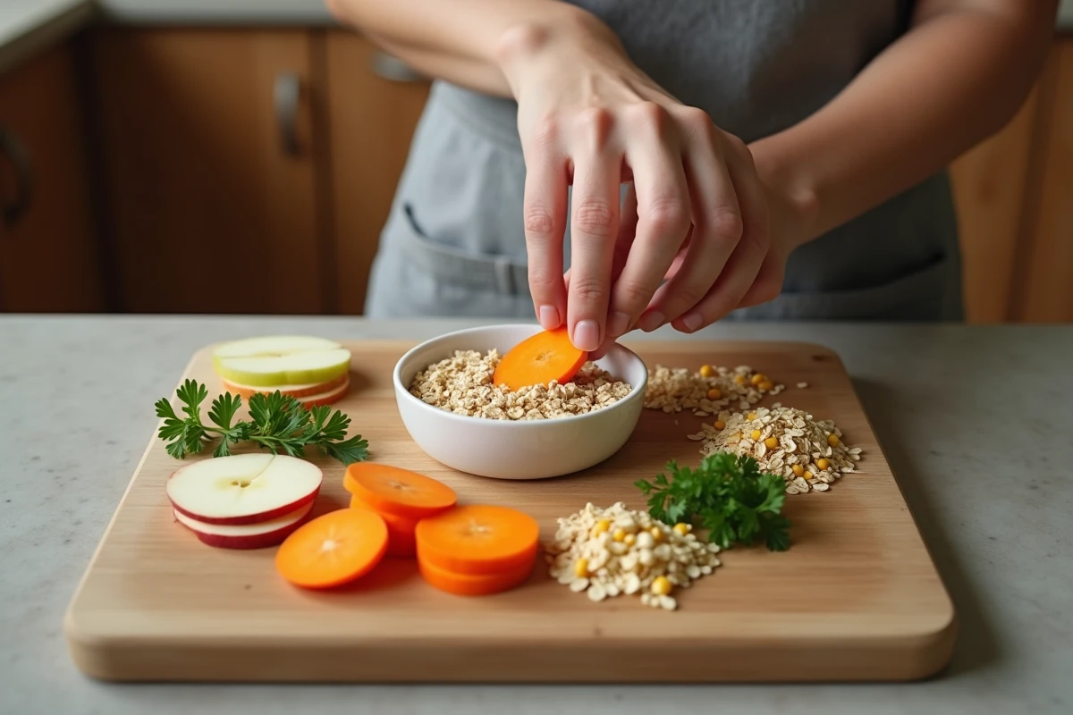 Préparation d'aliments pour criquets en élevage avec légumes frais, céréales et herbes sur une planche en bois