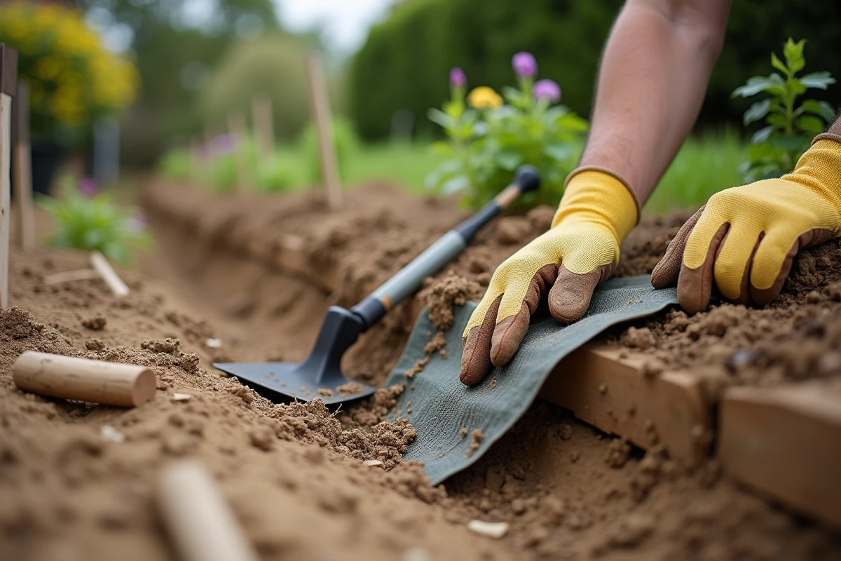 Préparation et stabilisation du sol sur un talus de jardin avec géotextile et sol amendé avant plantation