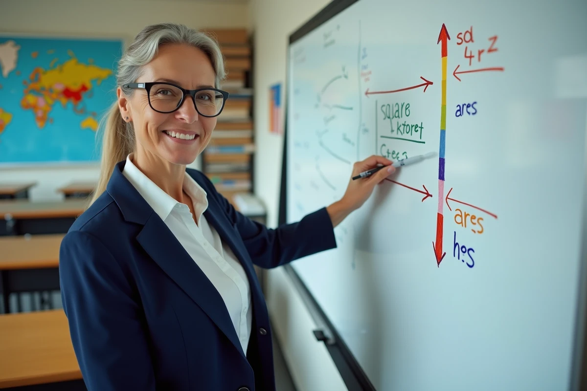 Professeure de mathématiques devant un tableau blanc avec un schéma de conversion entre mètre carré, are et hectare dans une salle de classe