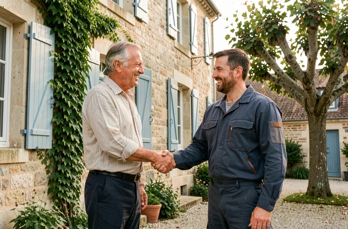 Propriétaire serrant la main d'un élagueur professionnel devant une maison en pierre à La Rochelle après consultation