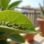 Gros plan de pucerons verts sur tige de laurier rose en pot sur balcon urbain