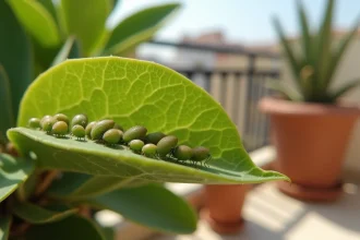 Gros plan de pucerons verts sur tige de laurier rose en pot sur balcon urbain