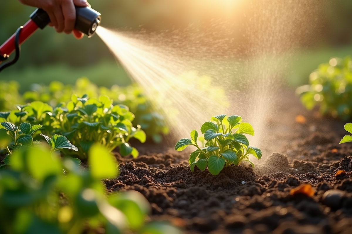 Gros plan sur la pulvérisation naturelle des mauvaises herbes dans le jardin