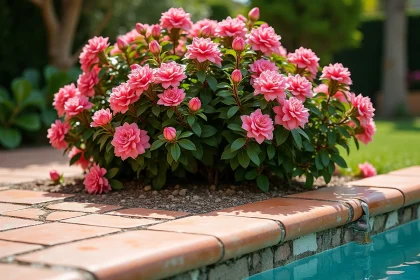 Racines de laurier rose endommageant le bord carrelé d'une piscine résidentielle avec fissures visibles