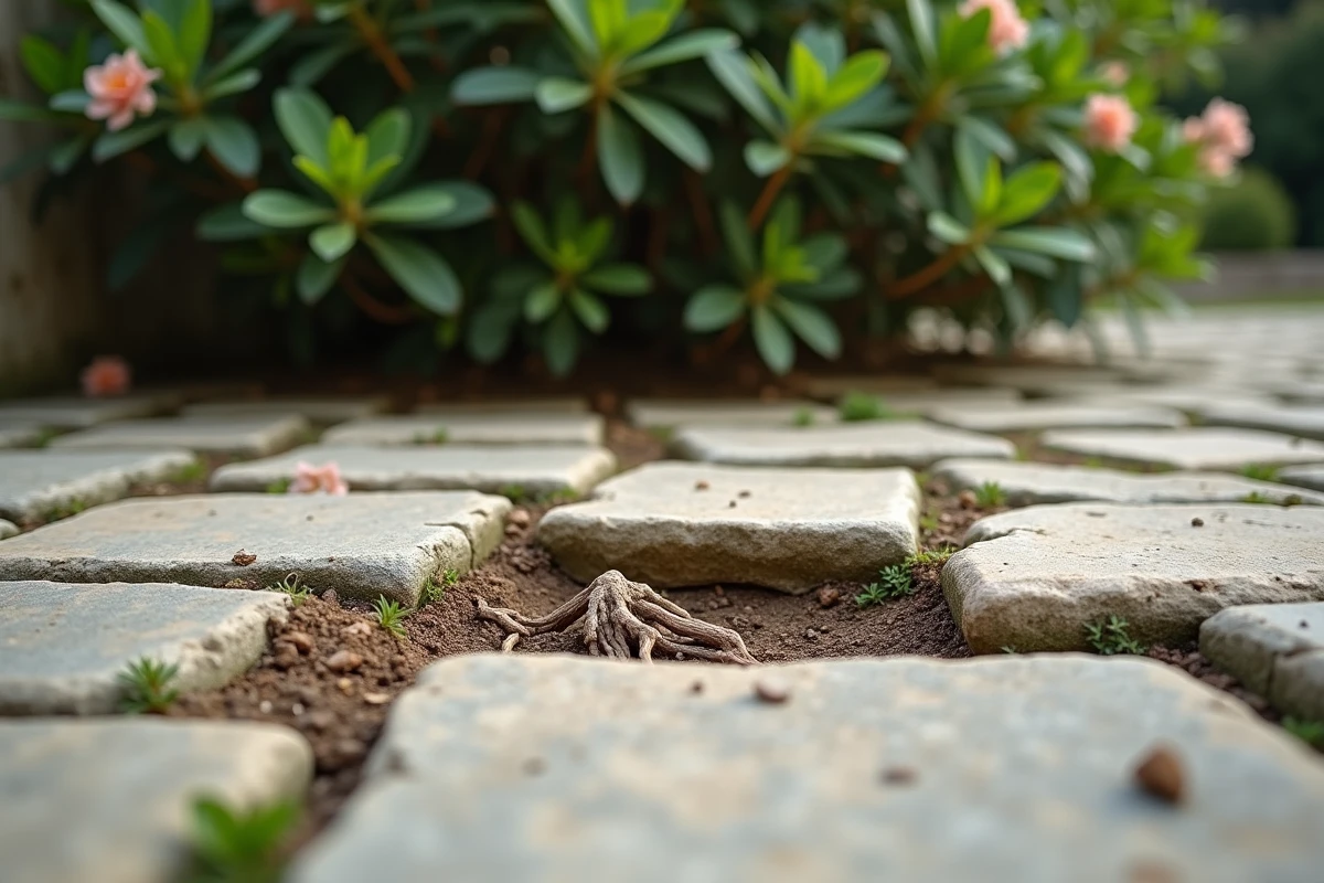 Racines de laurier rose soulevant les dalles d'une terrasse en pierre et causant des dégâts visibles