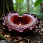 Fleur de Rafflesia arnoldii en pleine floraison sur le sol de la forêt tropicale de Sumatra, montrant ses pétales tachetés de bordeaux et de crème sur environ un mètre de diamètre