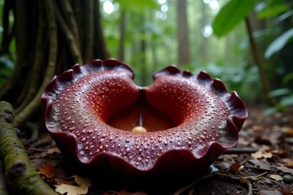 Fleur de Rafflesia arnoldii en pleine floraison sur le sol de la forêt tropicale de Sumatra, montrant ses pétales tachetés de bordeaux et de crème sur environ un mètre de diamètre