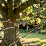 Rameau de chêne portant des galles rondes dans un jardin
