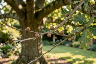 Rameau de chêne portant des galles rondes dans un jardin