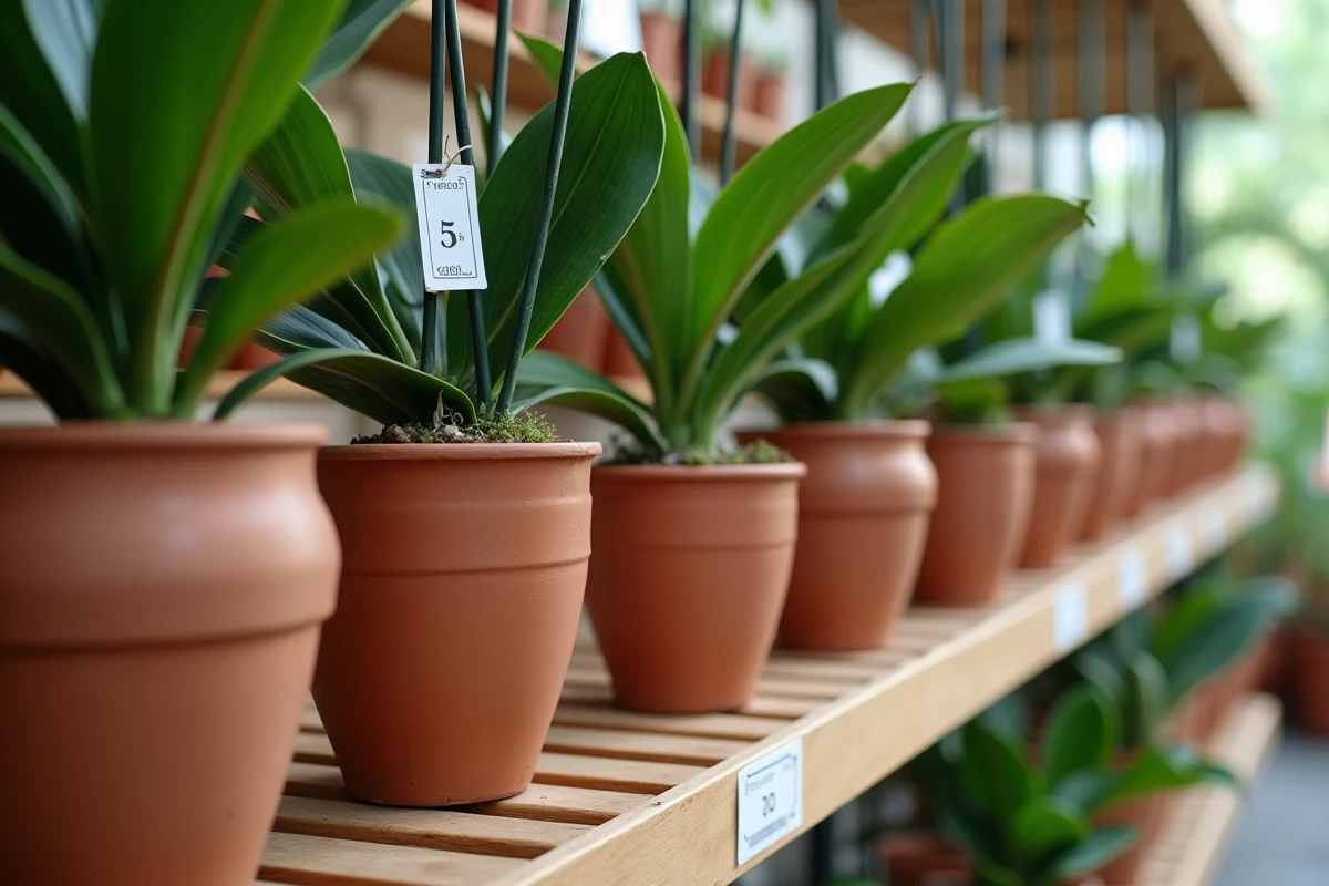 Rayon de jardinerie présentant différents types de pots à orchidées en terre cuite, céramique émaillée et plastique transparent avec étiquettes de prix