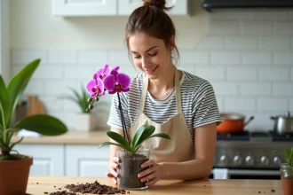 Femme rempotant une orchidée Phalaenopsis dans un pot transparent à la maison, avec de l'écorce et de la tourbe sur une table en bois