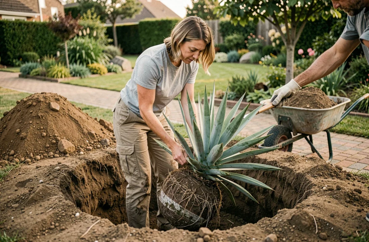 Femme plaçant un grand yucca dans un trou de plantation profond lors d'une transplantation réussie dans un jardin résidentiel