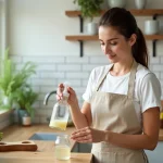 Femme préparant un produit ménager naturel maison dans une cuisine écologique avec des accessoires zéro déchet