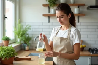 Femme préparant un produit ménager naturel maison dans une cuisine écologique avec des accessoires zéro déchet