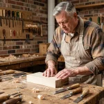 Sculpteur sur bois débutant examinant un bloc de tilleul dans un atelier artisanal avec outils de sculpture