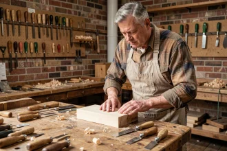 Sculpteur sur bois débutant examinant un bloc de tilleul dans un atelier artisanal avec outils de sculpture