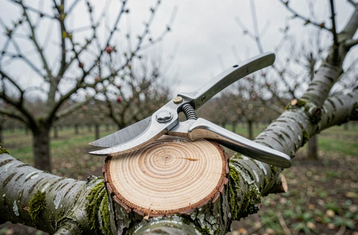 Sécateur posé sur une coupe nette d'une branche d'arbre dans un verger au printemps
