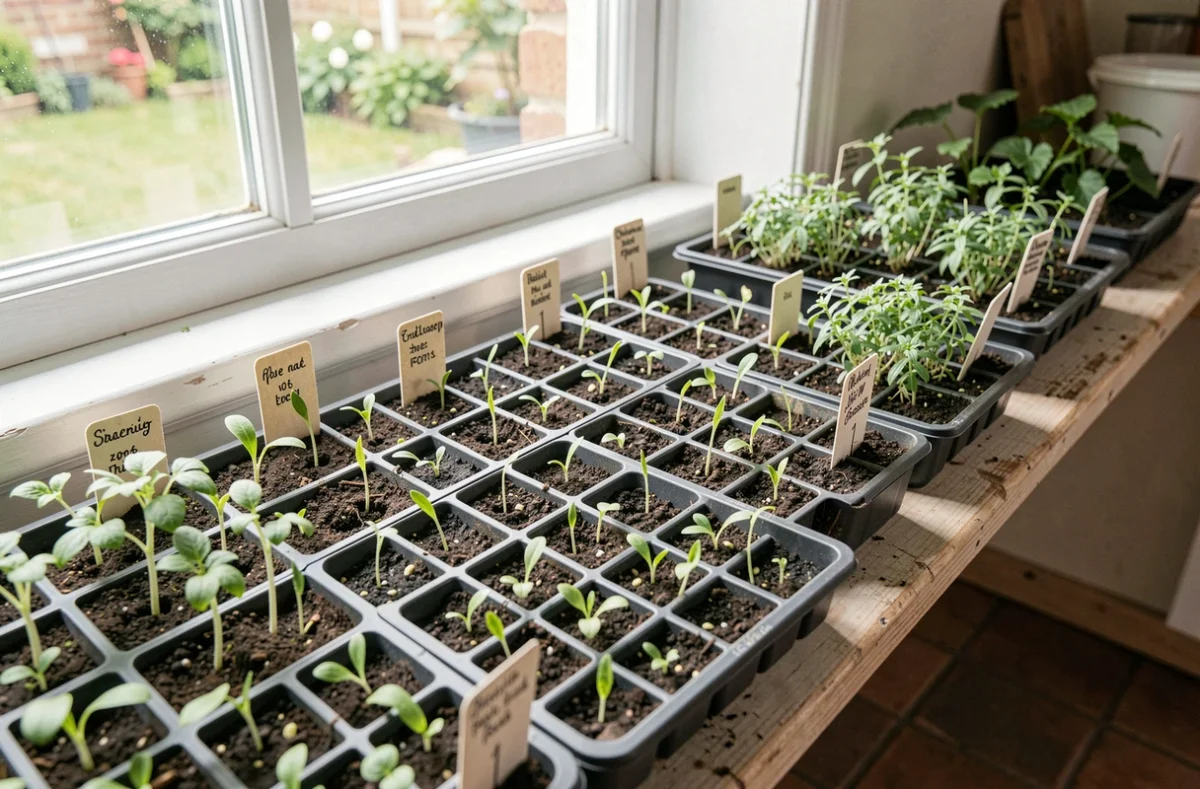 Plateaux de semis de légumes et d'herbes aromatiques alignés sur un rebord de fenêtre ensoleillé à l'intérieur, avec des étiquettes manuscrites identifiant chaque plant