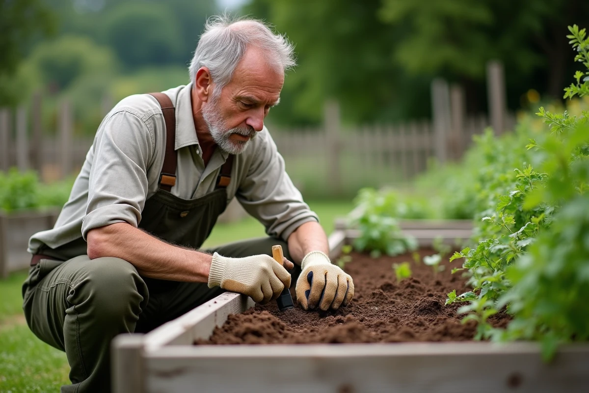 Homme semant du persil dans un potager surélevé en bois au jardin