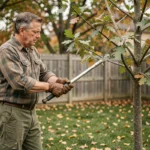 Arboriste qui taille une jeune chêne dans un jardin en automne pour favoriser sa croissance