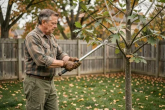 Arboriste qui taille une jeune chêne dans un jardin en automne pour favoriser sa croissance